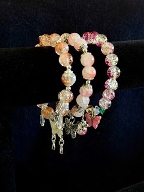 Handmade-style Pink & Peach Beaded Stretch Bracelet Set with Butterly Charms